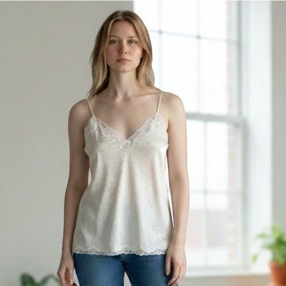 Victoria's Secret Camisole Women L Ivory Lace Trim Vintage Gold Label Lingerie